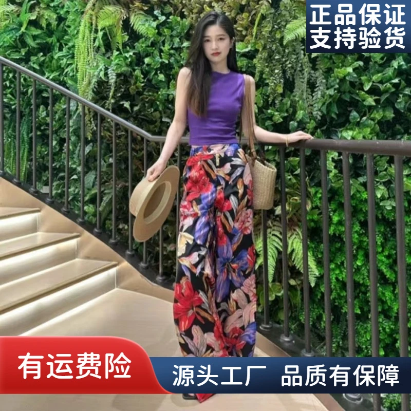 【AMSSGIRD】夏款度假风高腰印花开叉休闲阔腿直筒裤1100456