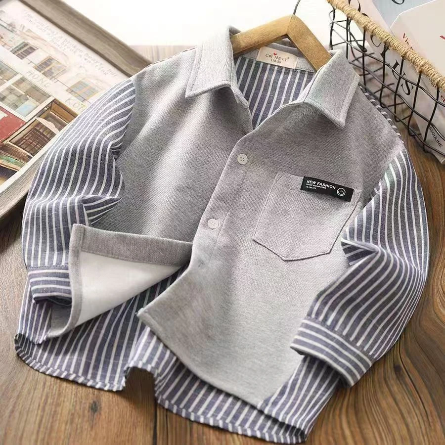 男童衬衫春秋新款拼接纽扣中大童翻领时尚假两件衬衣洋气上衣.
