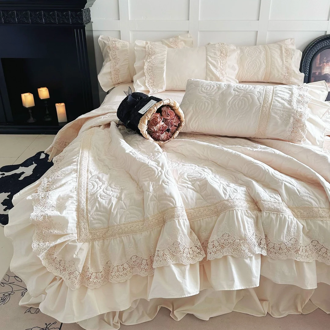 法式浪漫少女心全棉水洗棉四件套纯棉荷叶花边夹棉被套公主风床裙