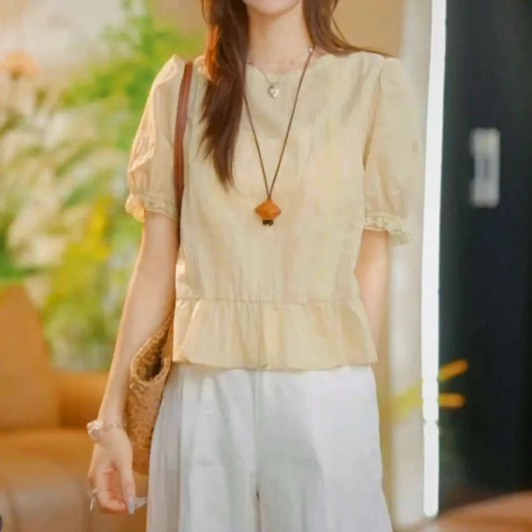 法式圆领蕾丝花边感棉布上衣女2025夏季新款休闲宽松绝美漂亮小衫