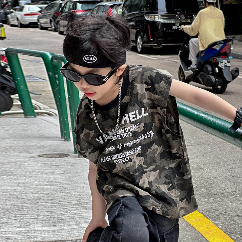 小小郑童装儿童无袖T恤潮酷迷彩字母宽松外穿痞帅男童背心夏薄款