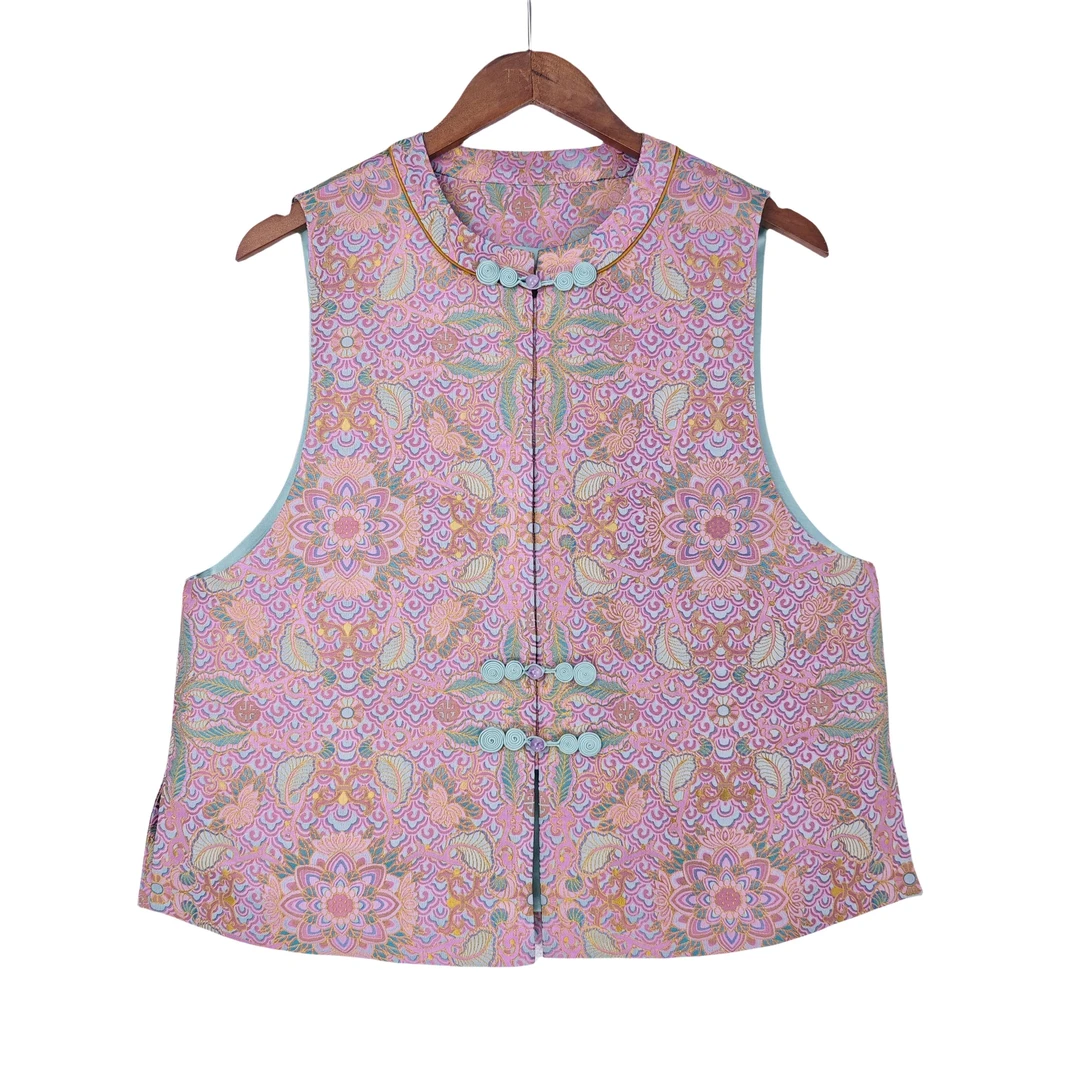 【钱小萍】彩麟宝象花桑蚕丝新中式复古宋锦圆领直襟马甲BG24021