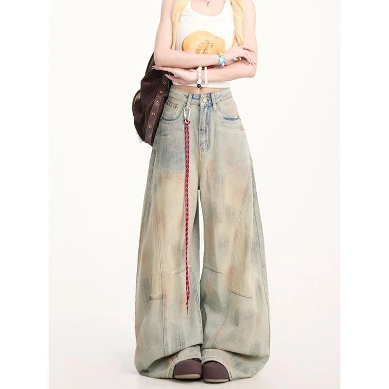 超大码300斤做旧脏染弯刀牛仔裤男女美式复古宽松显瘦拖地阔腿裤2