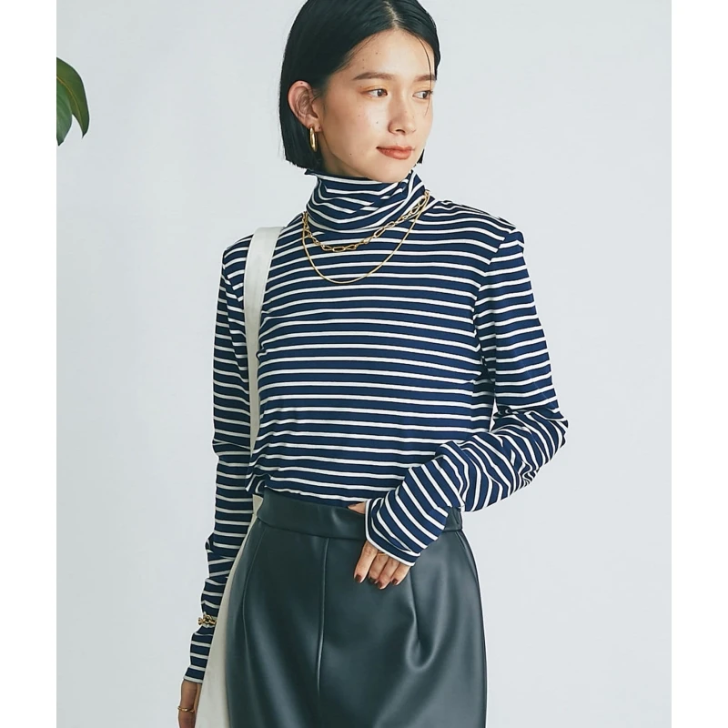 【强哥外贸】 初秋新款 R 高领舒适亲肤百搭简约条纹上衣