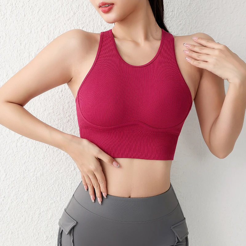 新款运动内衣瑜伽背心健身文胸高强度一体式防震聚拢工字美背螺纹
