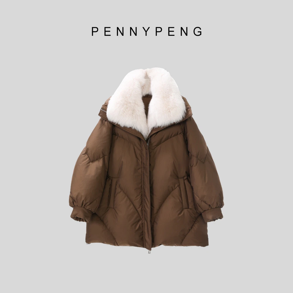PENNYPENG瑞雪【现货】百搭时尚宽松气质咖啡色狐狸毛领白鹅绒服