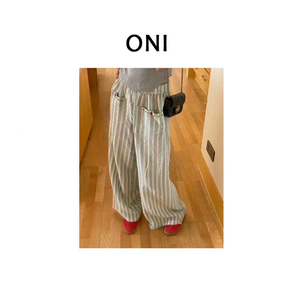 OUNI “ 薄荷曼波 “ 韩单 ~ 复古松紧条纹休闲裤女