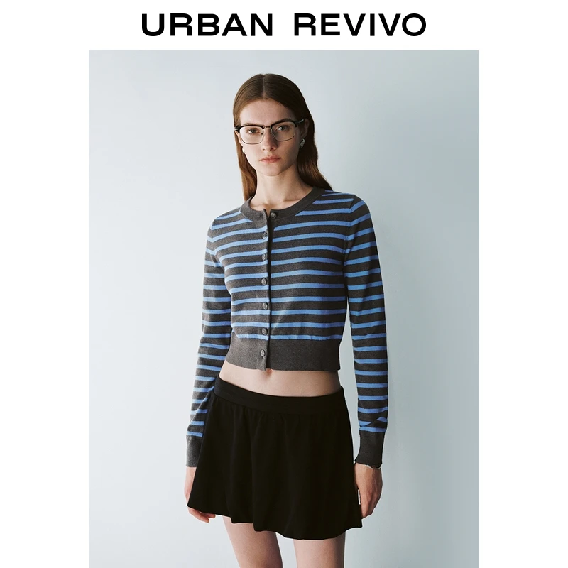 UR2026春季新款女休闲撞色条纹纽扣针织开衫UYY950069+