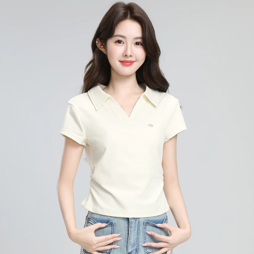 短款V领短袖t恤女夏2025夏季新款掐腰显瘦POLO体恤小个子正肩上衣
