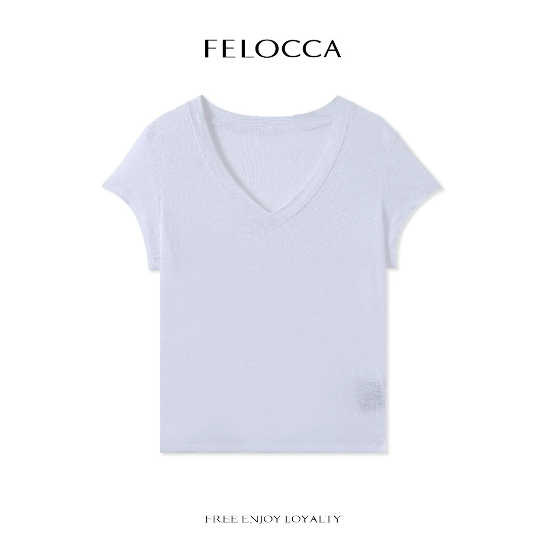 【FELOCCA】简约V领正肩分割缝线亚麻短袖T恤25STX012