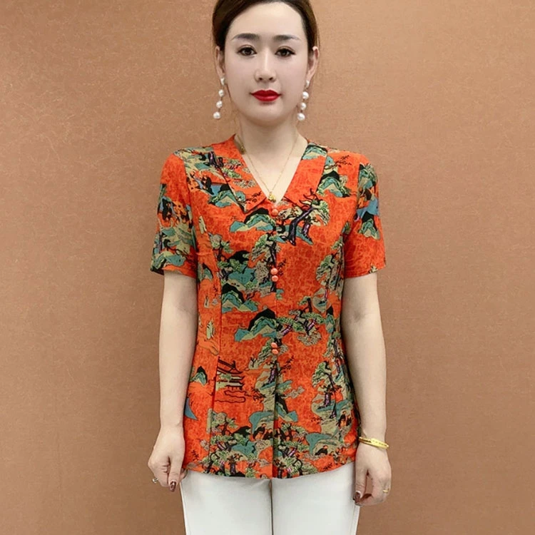 春季新款时尚中年装花衫气质休闲翻领百搭修身显瘦印花短袖小衫