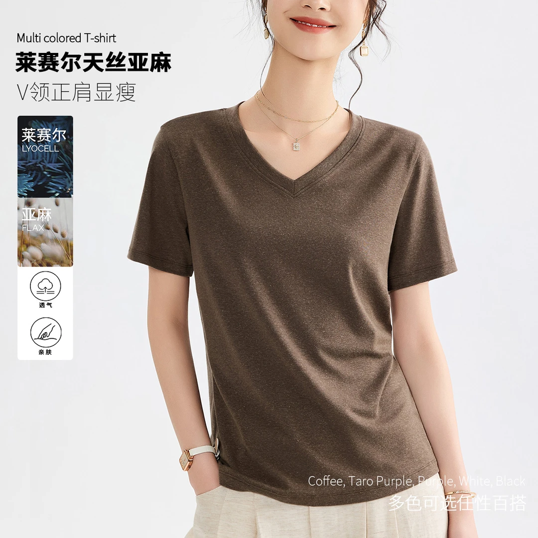 口碑限定！老钱风短袖天丝亚麻女装上衣女莱赛尔V领亲肤短袖T恤女