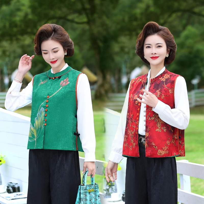 新中式国风春装马甲妈妈装荷叶双面穿复古盘扣叠穿无袖马夹气质女