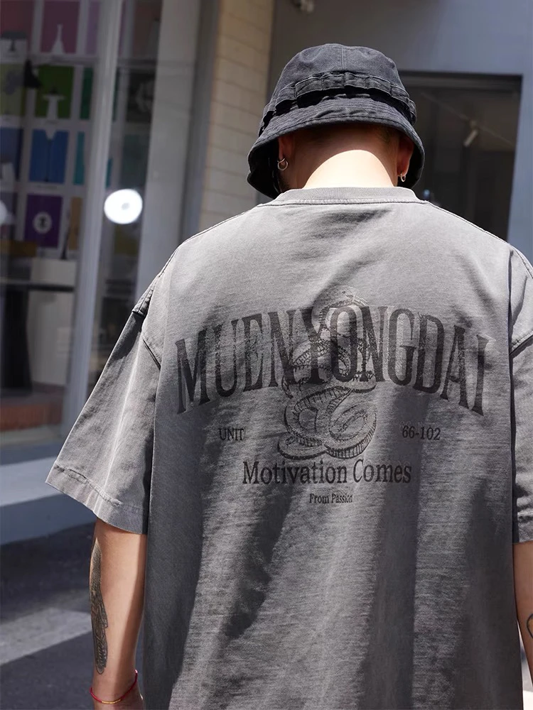 QuentinMarx男士重磅纯棉短袖T恤蛇年印花水洗宽松休闲t恤上衣