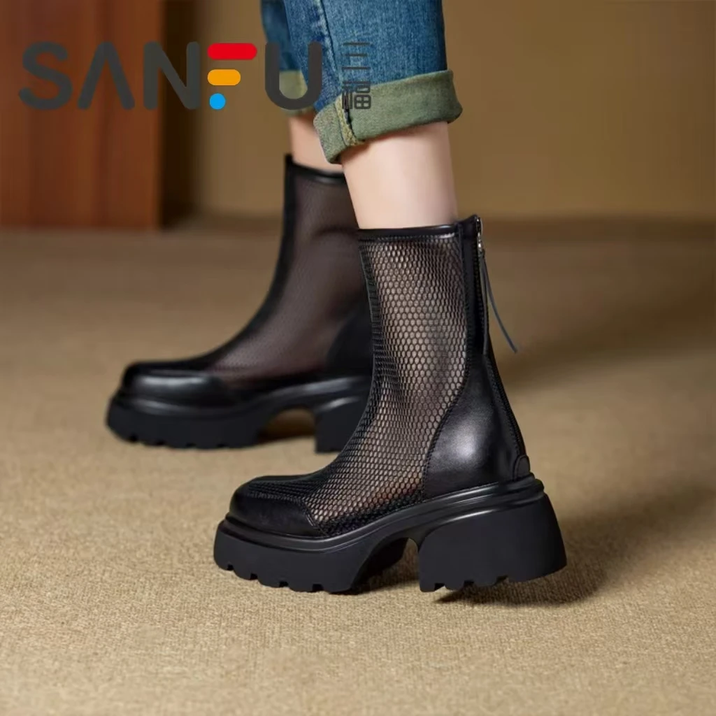 三福夏季薄款马丁靴女2025年新款镂空透气英伦风网纱厚底粗跟短靴