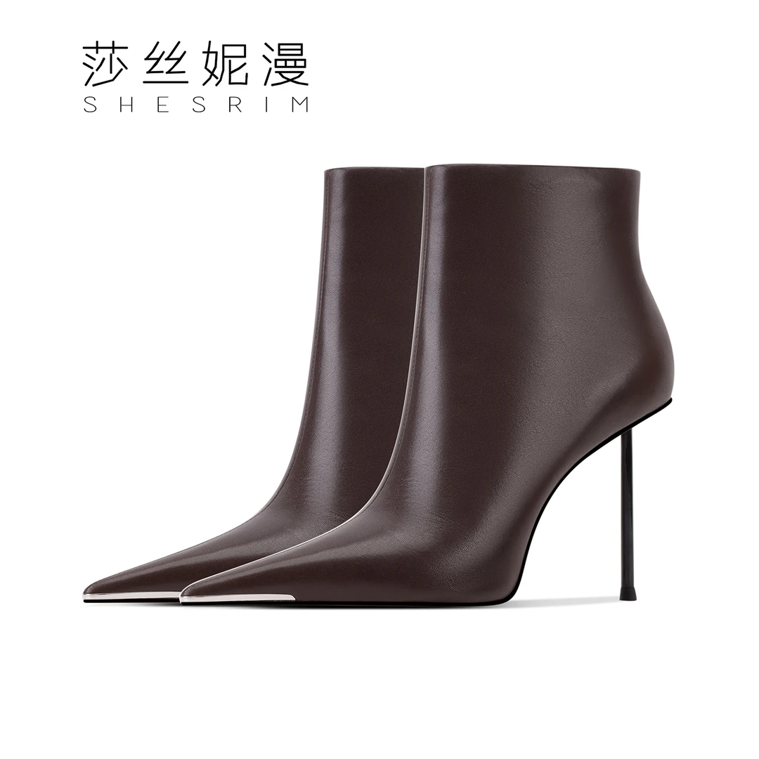 「7/9CM」2025年冬季新款上新尖头细高跟女短靴短筒靴绒/单里时装靴