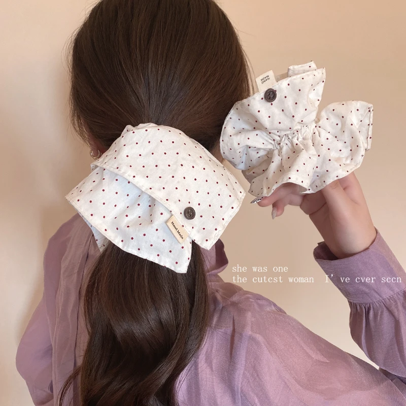 韩系温柔波点白色方巾大肠发圈女慵懒风百搭头饰超大方形发绳新款