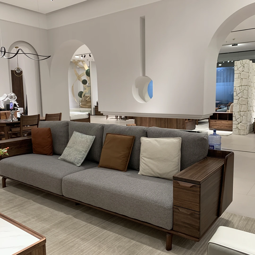 LF318#实木沙发乌金木沙发布艺现代简约客厅棉麻布艺直排沙发