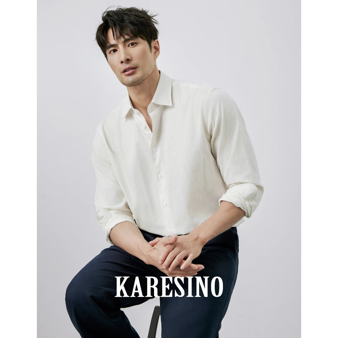 KARESINO高档舒适长绒棉 男士杏色休闲衬衣男商务纯棉衬衫男长袖