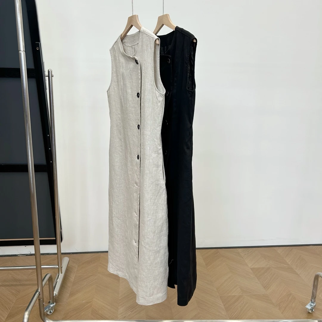 【若若美】X-2131法国雨露麻无袖连衣裙女士显瘦百搭100亚麻长裙子