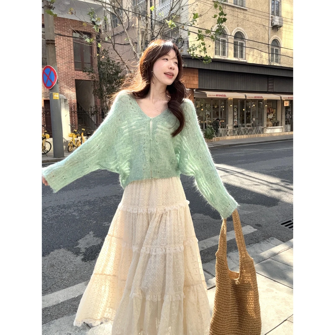 大码早春镂空针织开衫上衣蕾丝半身裙温柔韩风chic套装