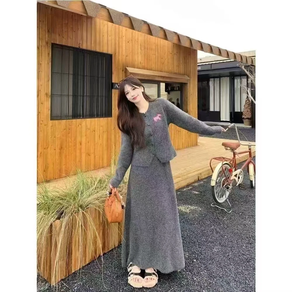 韩版慵懒风休闲风长袖小香风连衣裙+上衣两件套时尚套装