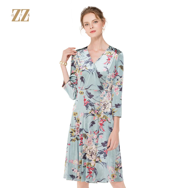 ZZ/佐尔美秋季新品女士印花丝绒中长袖修身显瘦连衣裙E83LL30