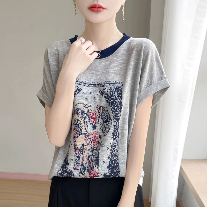 超柔软14针竹节麻短袖女时尚休闲印花圆领百搭复古宽松设计感T恤