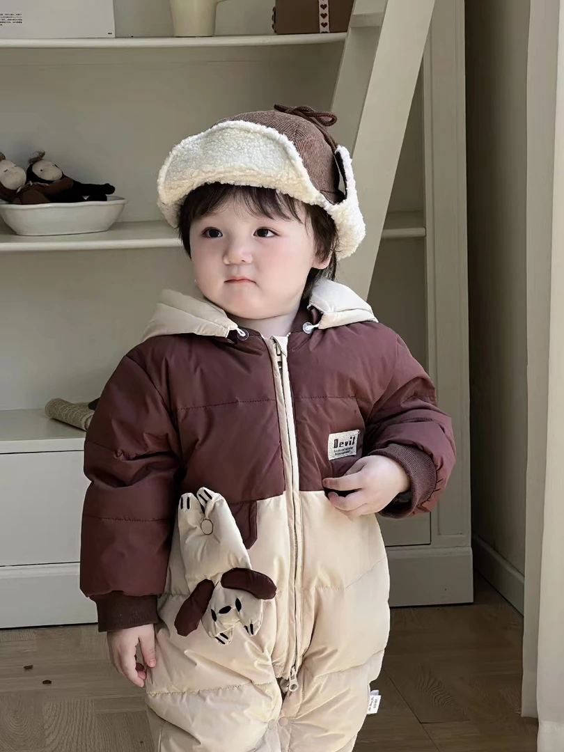 2024新款婴幼儿冬季连体衣拼色卡通小狗90%白鸭绒羽绒服Y26-030