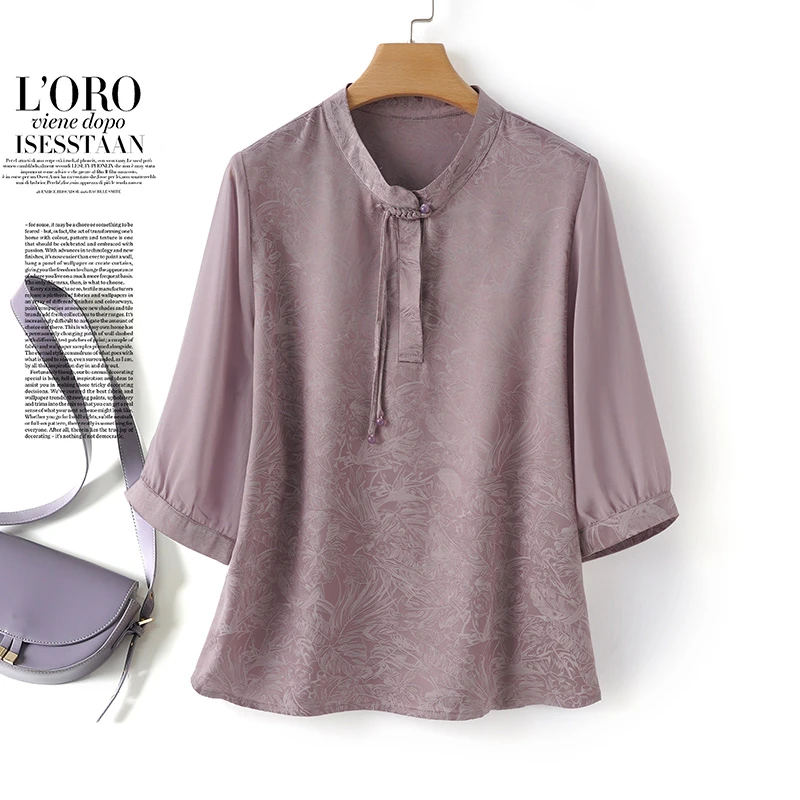 真丝上衣女短袖新中式高档香云纱桑蚕丝设计复古小衫洋气夏季衬衫