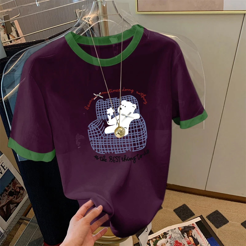 撞色正肩圆领紫色短袖t恤女士夏季2025新款小众时尚洋气高级上衣