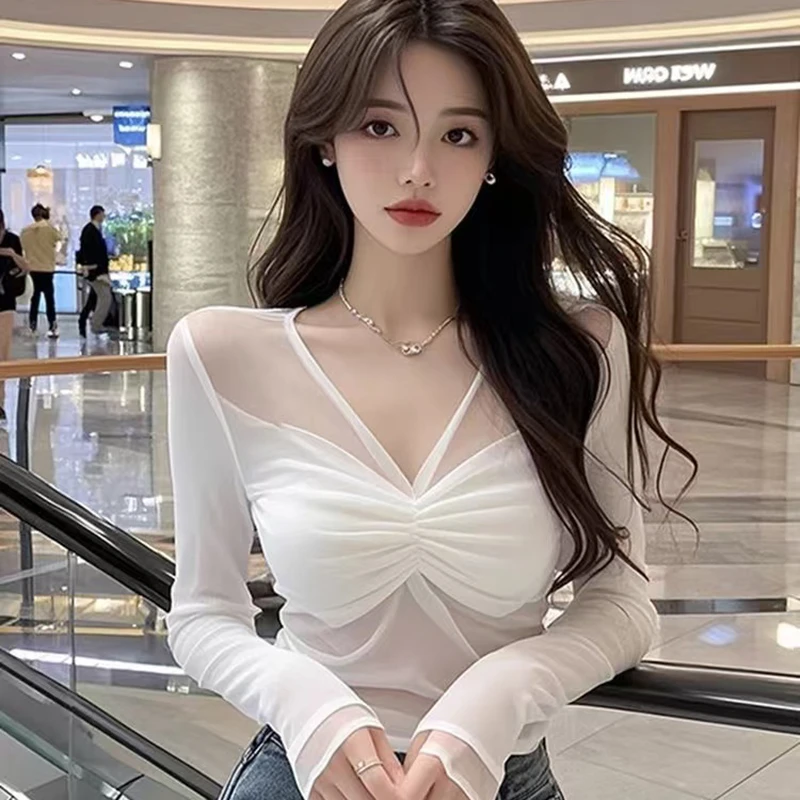 纯欲风辣妹长袖褶皱短款T恤夏季女收腰显瘦性感内搭网纱修身上衣