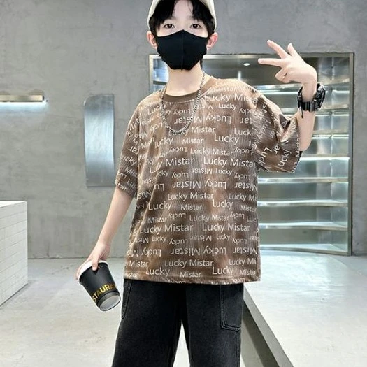 新款童男短袖洋气印花潮牌帅气宽松韩版儿童纯棉上衣T恤夏季休闲