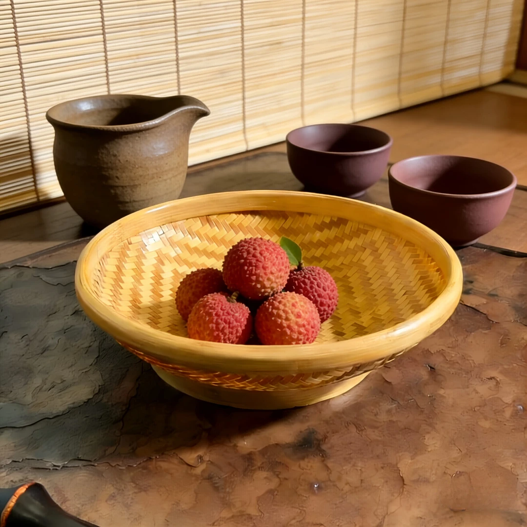 27CM竹编回纹圆形零食水果收纳筐