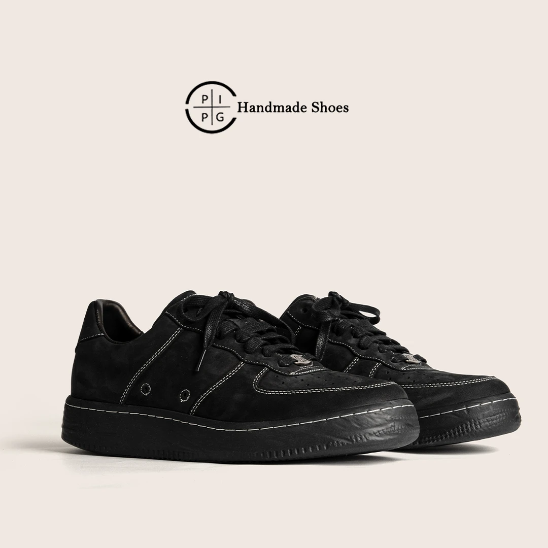 PIPG运动休闲板鞋男女同款原创复古厚底百搭磨砂真皮手工鞋黑武士