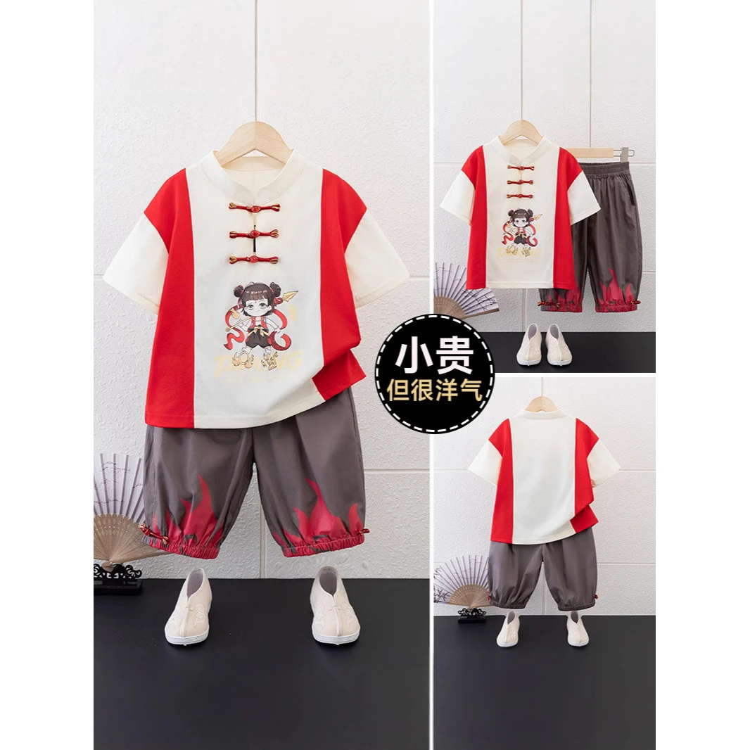 【沫沫家】新款儿童新中式哪吒图案夏季国潮短袖洋气古风套装薄款