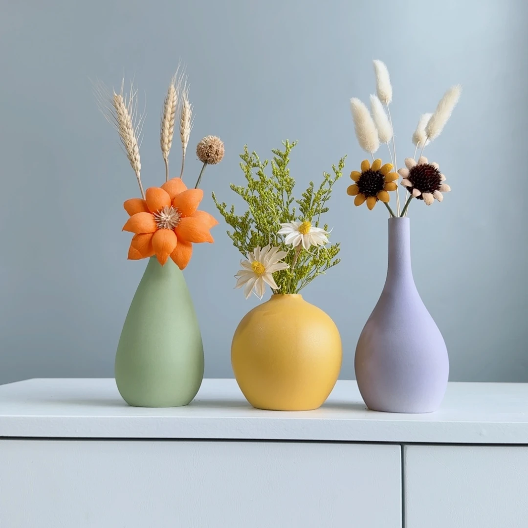 瓷片陶瓷小花瓶套装含花总高约20-30cm