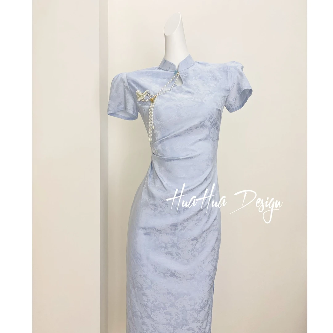 低领立领半圆襟无袖高开衩旗袍时尚复古中国风夏季