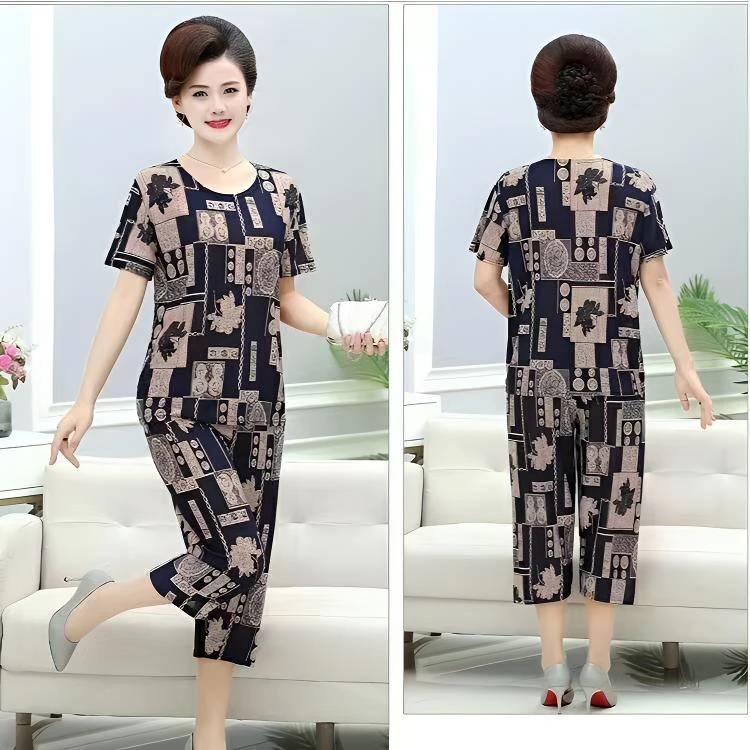 母亲节夏季冰丝套装妈妈短袖圆领洋气两件套中老年人奶奶夏装薄款