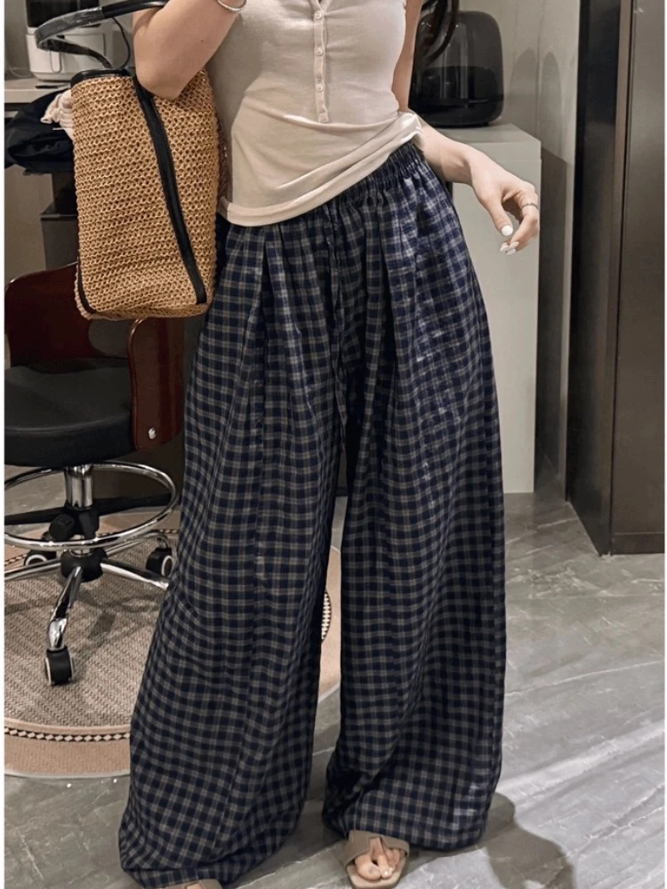 루루가−（优米）韩国东大门蓝色格子休闲裤显瘦慵懒风小个子阔腿长裤