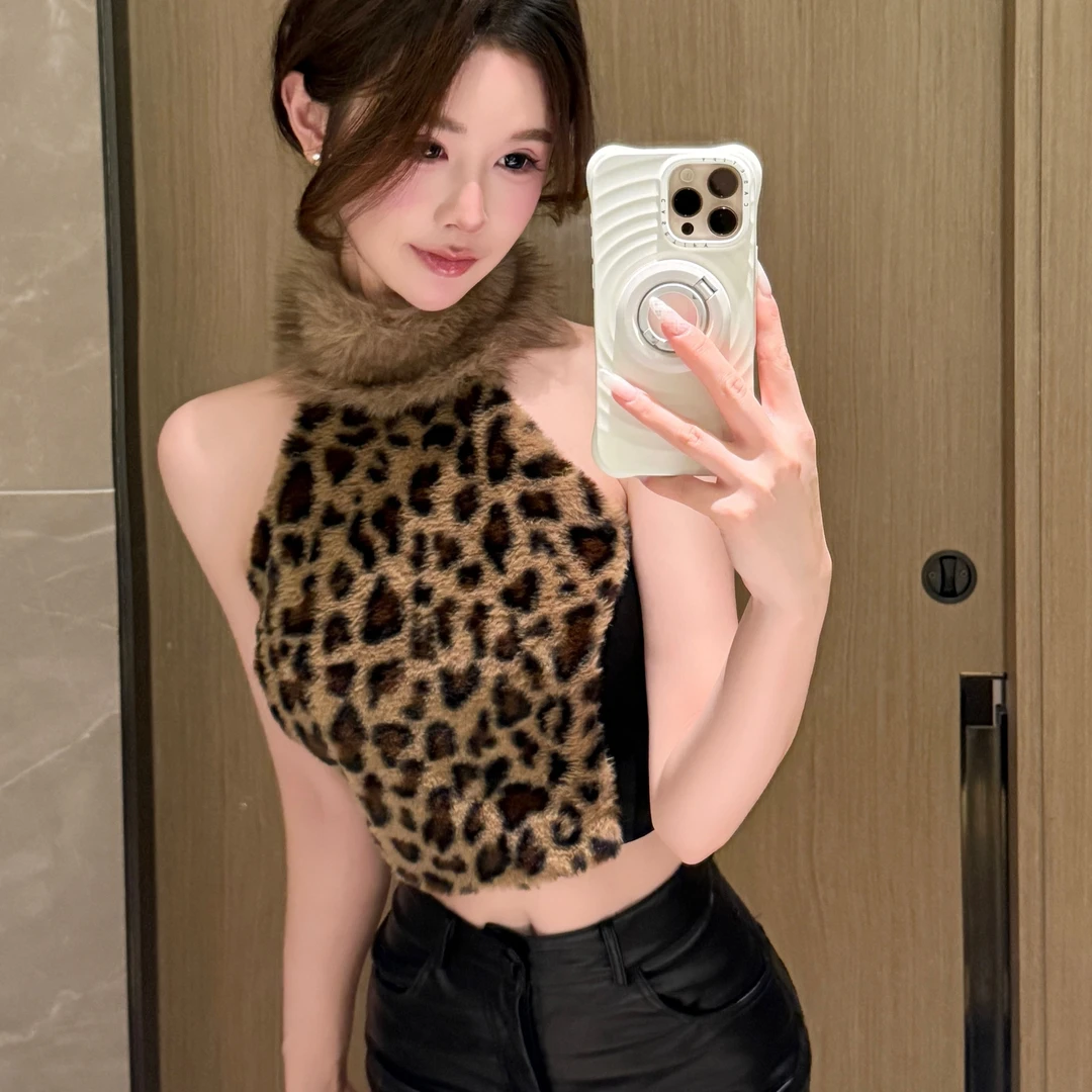 2025秋冬新款毛毛拼接豹纹挂脖吊带背心打底衫辣妹上衣配裙裤套装