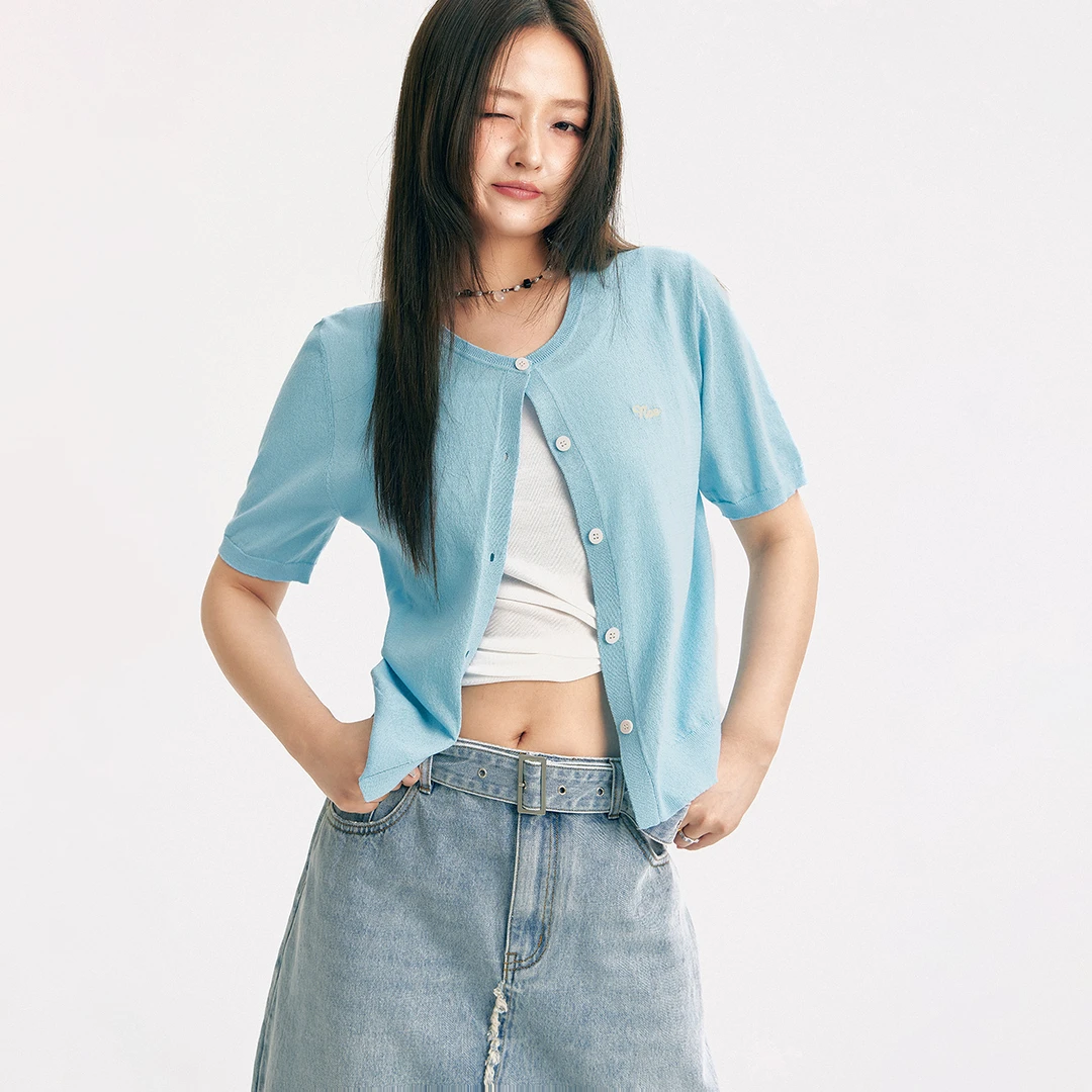 NO ONE ELSE美式复古女士字母刺绣夏季休闲圆领开衫短袖针织衫