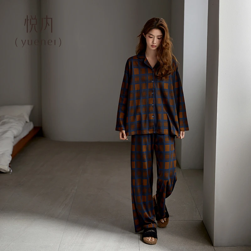 悦内睡衣女款春秋季秋款长袖纯棉家居服春装复古风可外穿大码套装