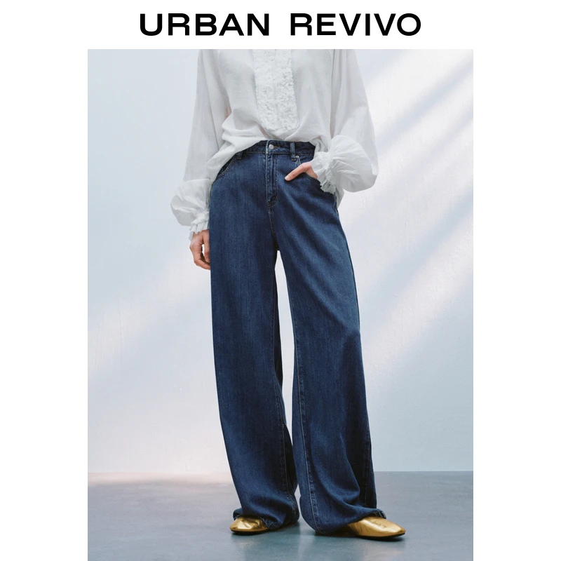 UR2025夏季新款女装垂感港风复古深蓝水洗阔腿牛仔裤UWM850093