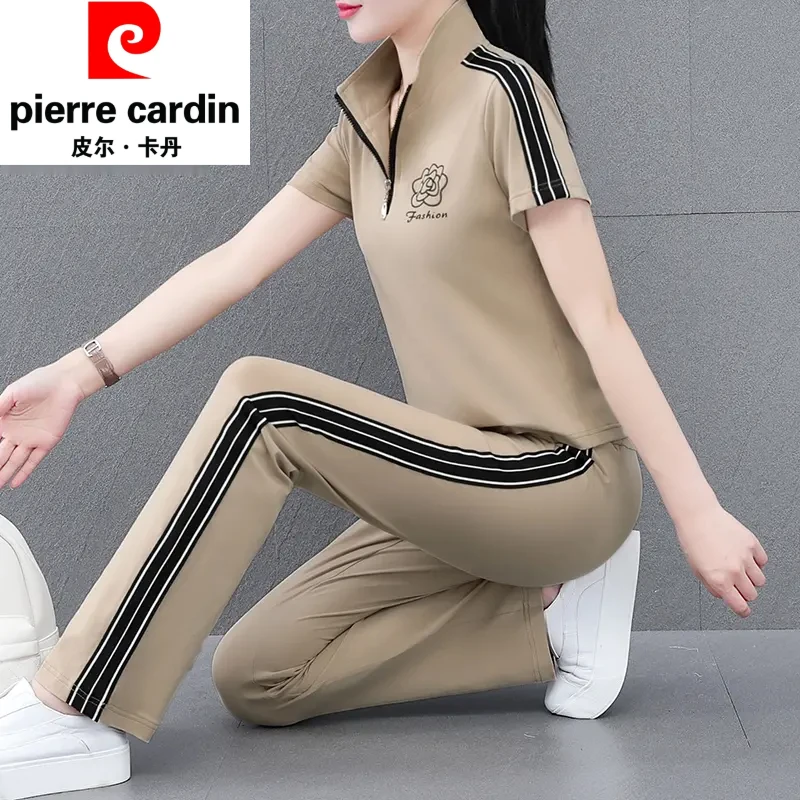 皮尔卡丹半拉链运动套装女夏季中老年妈妈跑步休闲棉质短袖两件套