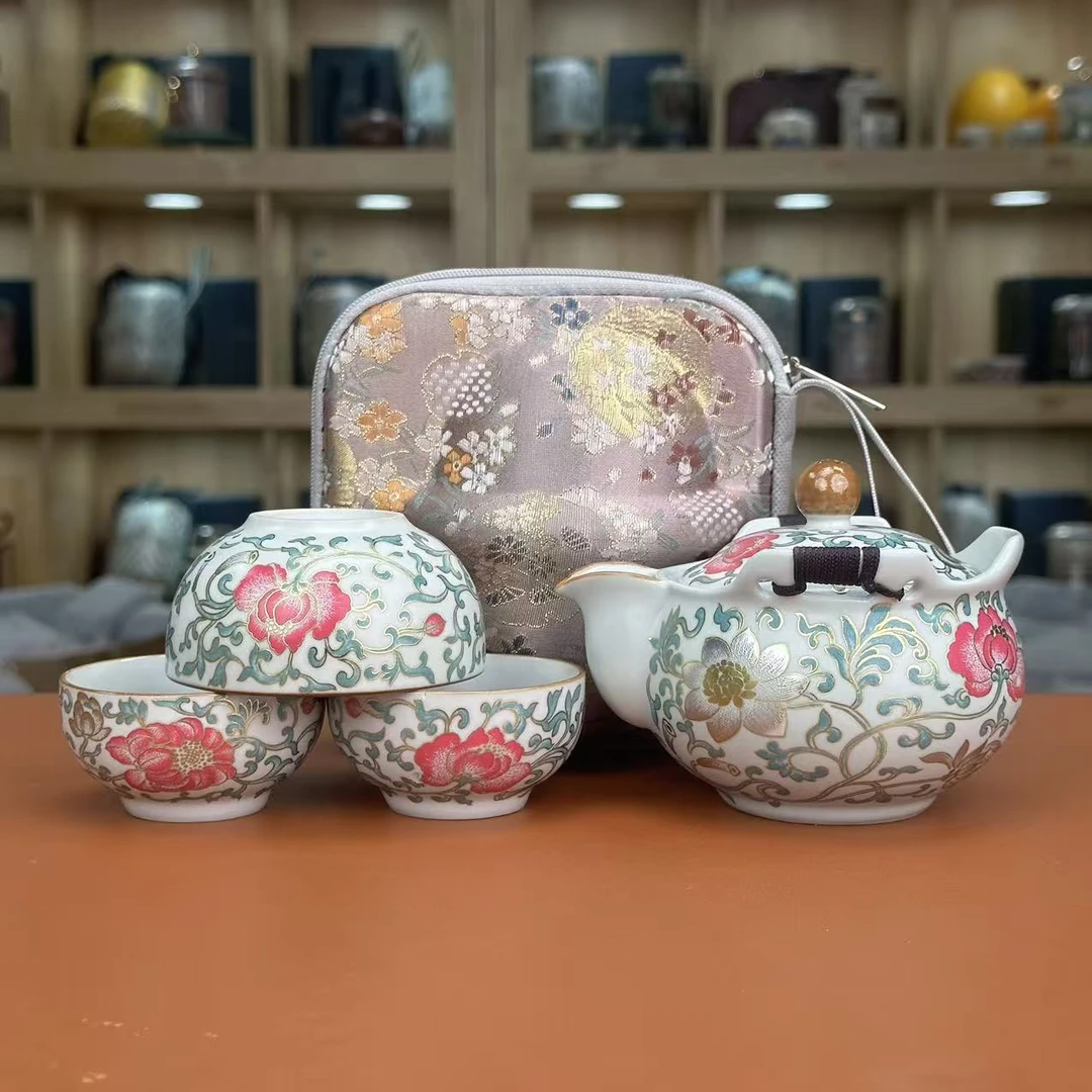 宝瓶【满花珐琅缠枝莲】一壶3杯旅行套 包包  C1033