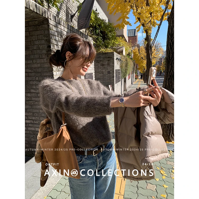 阿昕亮晶晶 秋意浓 高比例光泽感超级马海毛圆领保暖毛衣AX250361