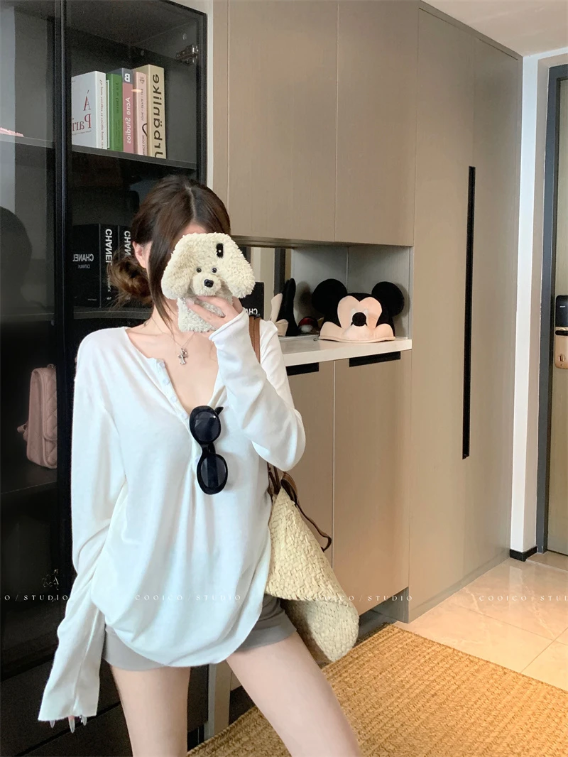 白色慵懒风长袖宽松T恤女秋季休闲薄款防晒罩衫纯色显瘦百搭上衣