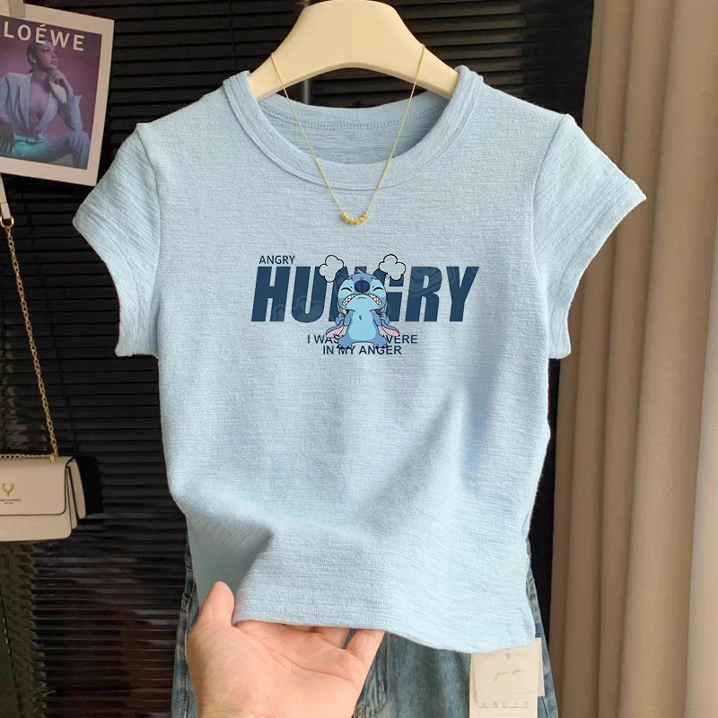 圆领短袖T恤女夏韩系正肩小众设计感肌理面料短款上衣t恤修身卡通