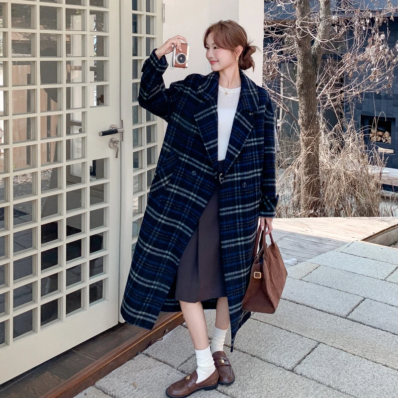 2025秋冬新款显瘦领蓝格子手工双面呢大衣长款垂感气质毛呢春秋女